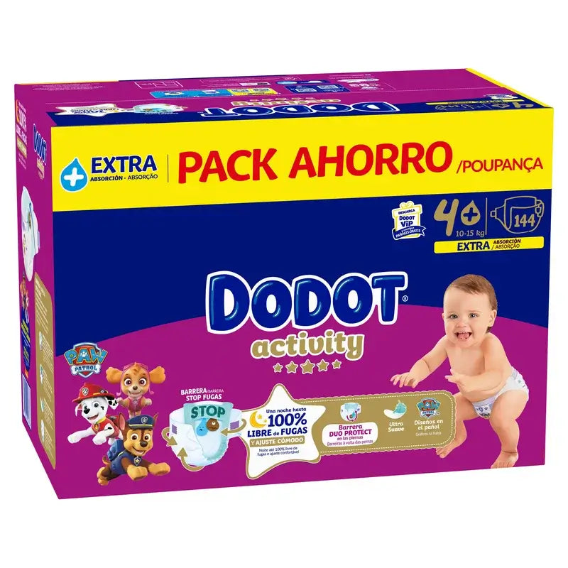 Dodot Activity Talla 4+, 10kg-15kg, 144 Pañales