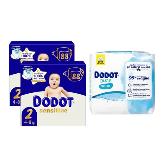 Dodot Pañal Sensitive Jumbo Pack Talla 2 , 2x88 Unidades + Toallitas Aqua Plastic Free Box 6X48 (288 Unidades)
