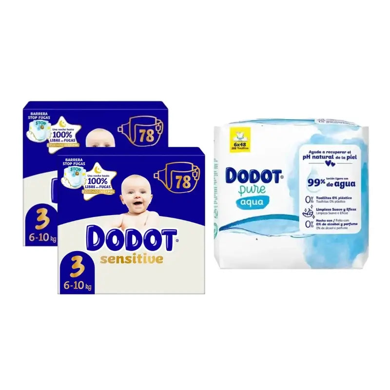 Dodot Pañal Sensitive Jumbo Pack Talla 3 , 2x78 Unidades + Toallitas Aqua Plastic Free Box 6X48 (288 Unidades)