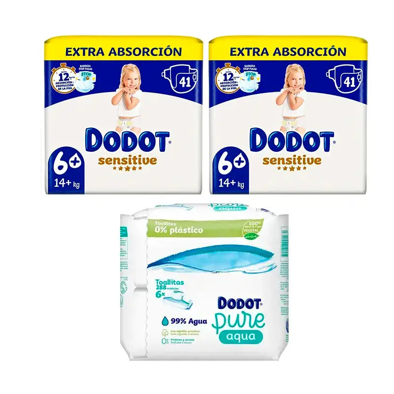 Dodot Sensitive Talla 6 Extra-Jumbo, Pack 2 x 41 Pañales + Toallitas Pure Aqua Para Bebé, 288 Unidades