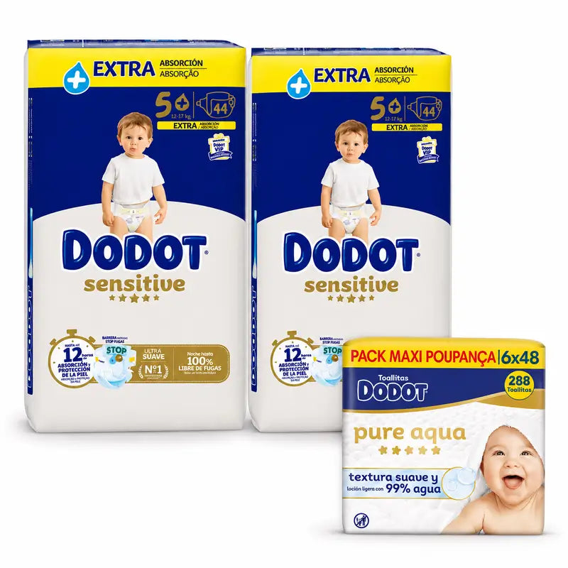 Dodot Sensitive Extra Jumbo Talla 5, 88 Pañales + Dodot Pure Aqua 288 Toallitas