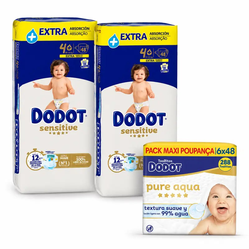 Dodot Sensitive Pañales Extra Absorción 10-15 kg Talla 4+, 96 Unidades + Dodot Pure Aqua 288 Toallitas