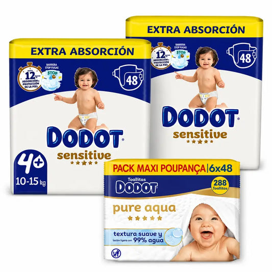 Dodot Sensitive Pañales Extra Absorción 10-15 kg Talla 4+, 96 Unidades + Dodot Pure Aqua 288 Toallitas