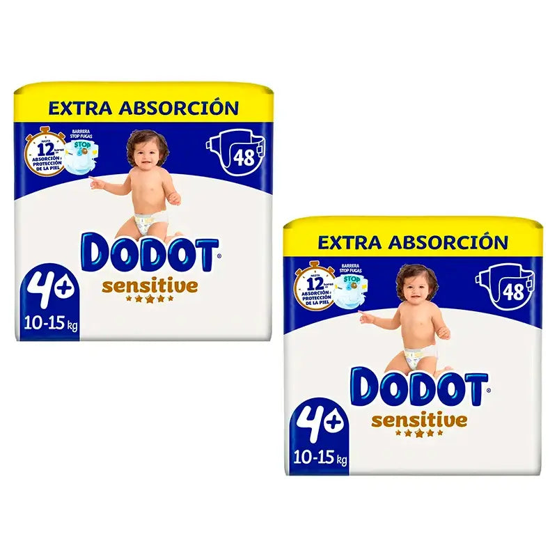 Dodot Sensitive Pañales Extra Absorción 10-15 kg Talla 4+, Pack 2 x 48 Unidades