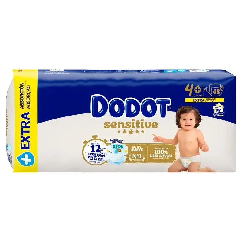 Dodot Sensitive Pañales Extra Absorción 10-15 kg Talla 4+, Pack 2 x 48 Unidades