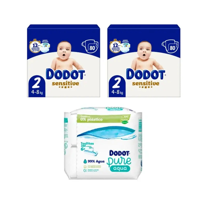 Dodot Sensitive Talla 2, 2 x 80 Pañales + Toallitas Pure Aqua Bebé, 288 Unidades