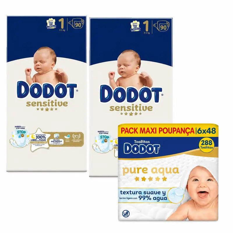Dodot Sensitive Talla 1, 2kg-5kg, 180 Pañales + Dodot Pure Aqua 288 Toallitas