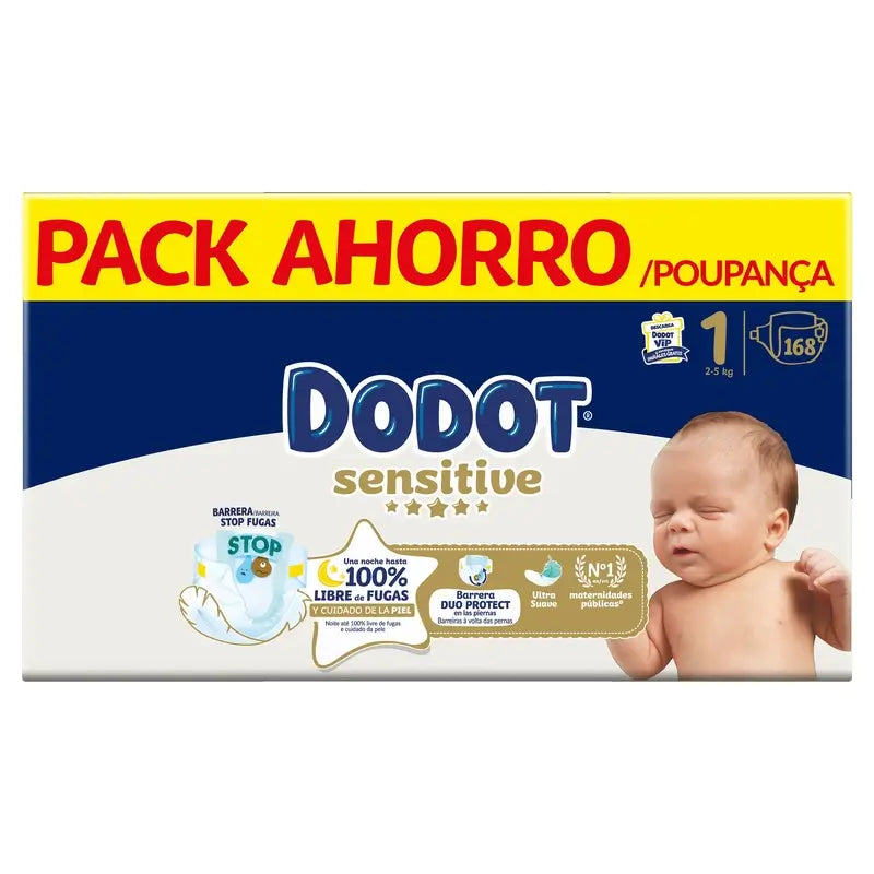 Dodot Sensitive Talla 1, Pañales, 2Kg-5Kg , 168 uds