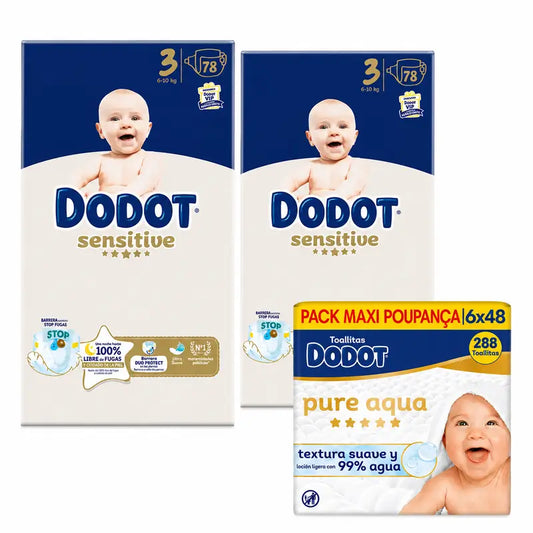 Dodot Sensitive Talla 3, 6kg-10kg, 156 Pañales + Dodot Pure Aqua 288 Toallitas