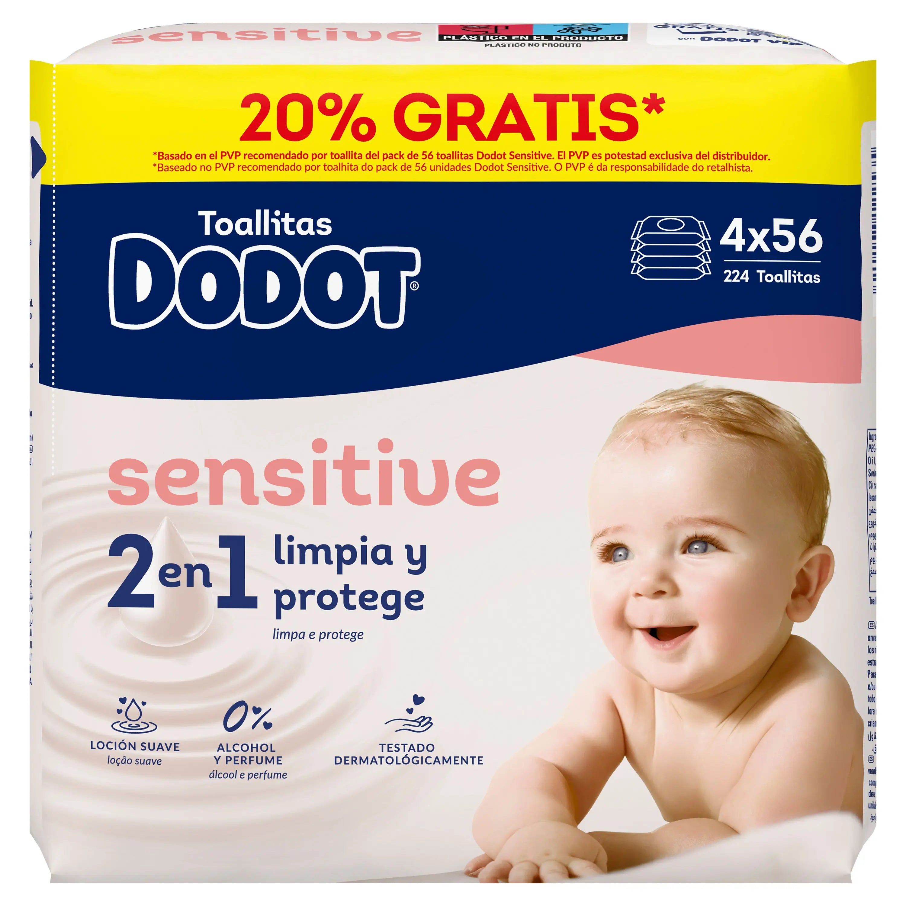 Dodot Toallitas Sensitive, 4x56, 224 unidades (20% GRATIS)