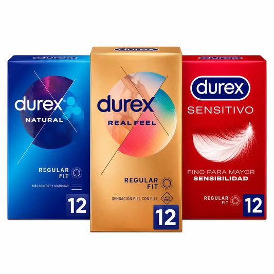 Durex Pack Preservativos Originales Natural Plus, 12 Unidades + Sensitivo Suave, 12 Unidades + Real Feel, 12 Unidades
