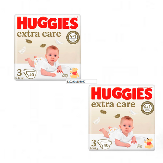 Pack 2 x Huggies Extra Care  Pañal para Bebé Recién nacido Talla 3 (5-9KG), 80 Unidades