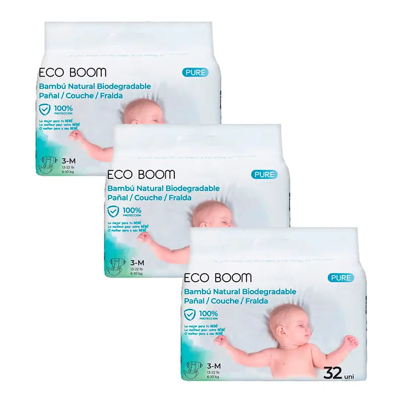 Eco Boom Pack 3X Pañal De Bambú Pure M 3, 96 Unidades