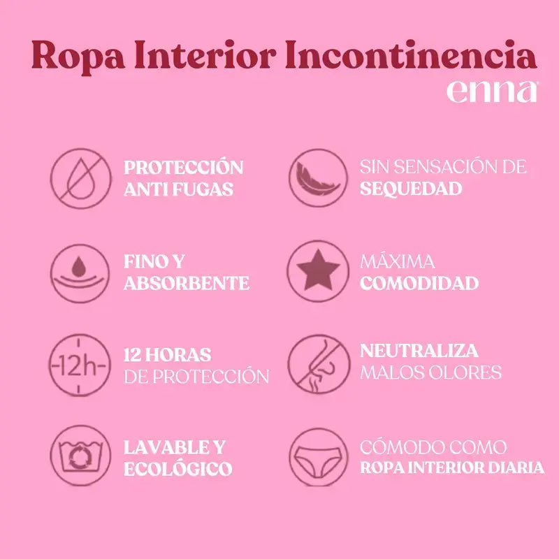 Enna Incontinencia Mujer Cintura Alta 40 Ml Absorción,  Talla XL, Negro Pack 2 Uds