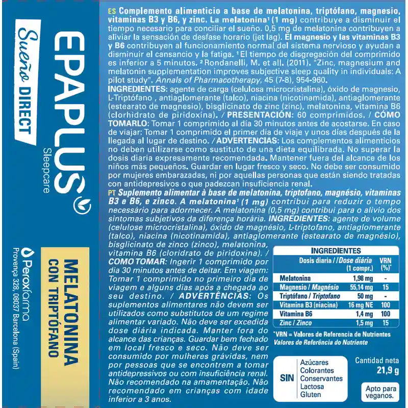 Epaplus Sleepcare Melatonina Direct Con Triptófano Plus , 60 comprimidos