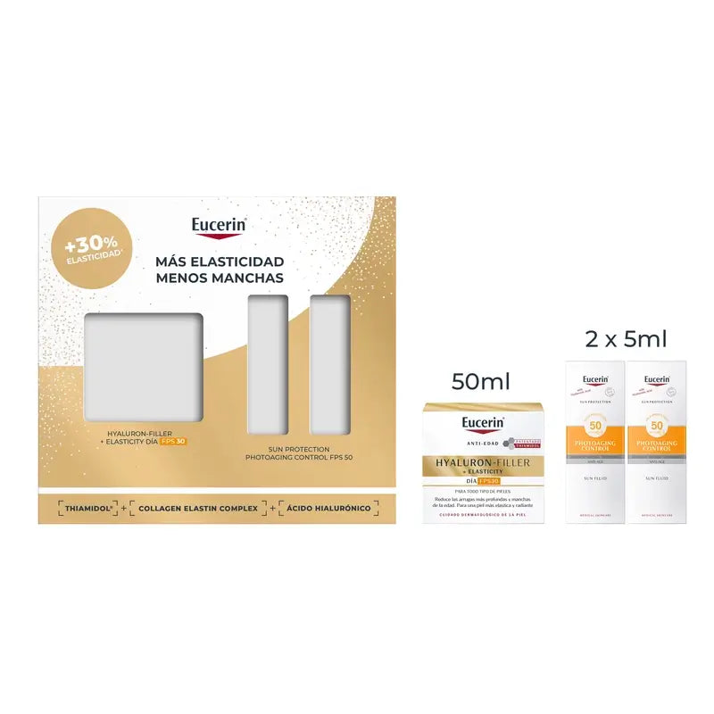 Eucerin Pack Antiedad Hyaluron-Filler Elasticity Día Fps 30 50Ml + 2 Minis Photoaging Control Fps 50+ 2X5Ml