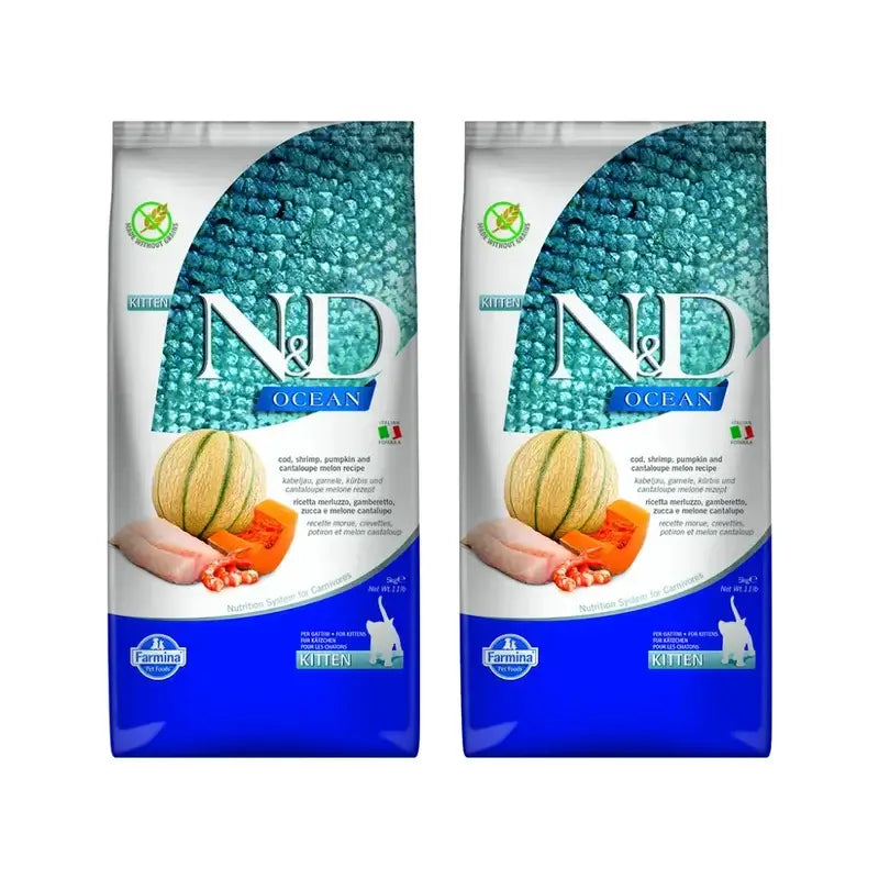 Farmina N&D Cat Kitten Ocean Bacalao Calabaza 5Kg, Pienso Para Gatitos, Pack De 2