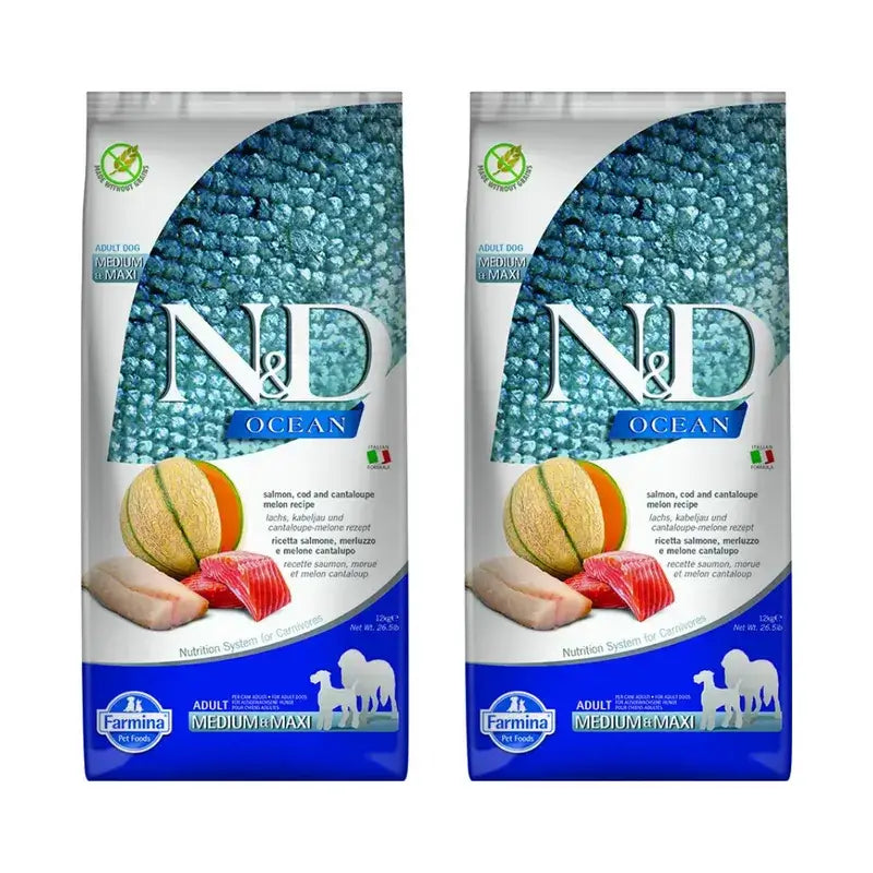 Farmina N&D Dog Ocean Salmon Bacalao Medium Maxi 12Kg, Pienso Para Perros, Pack De 2
