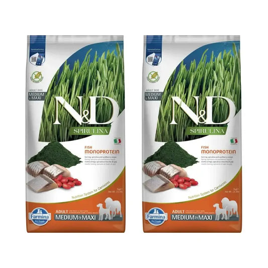 Farmina N&D Dog Spirulina Medium Maxi Arenque 7Kg, Pack De 2