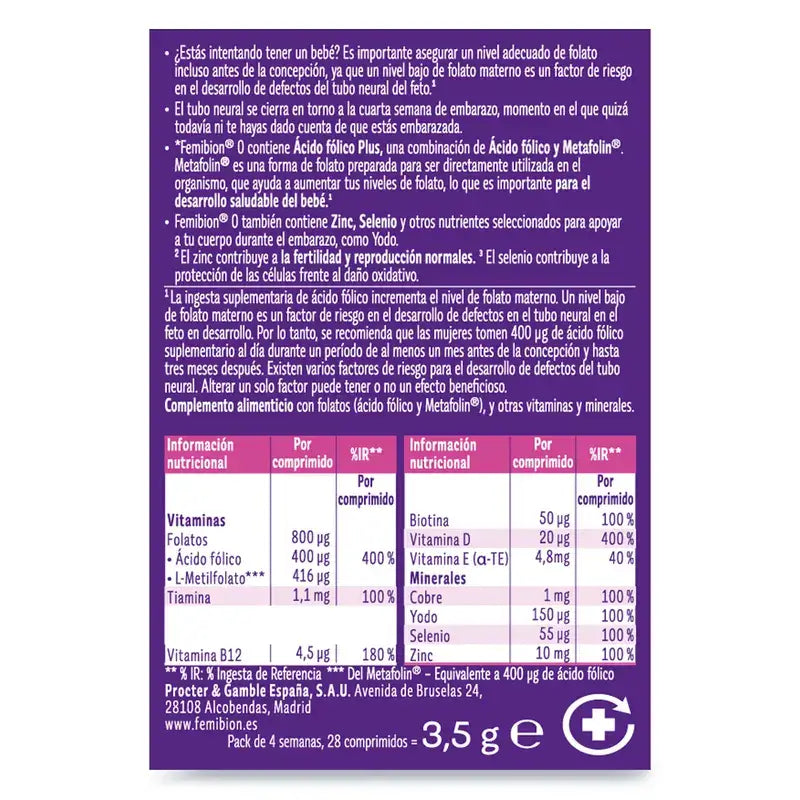 Femibion 0 Planificación del Embarazo con Ácido Fólico Plus, 28 comprimidos