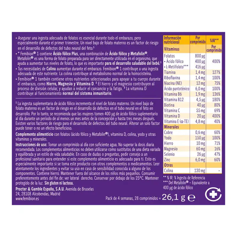 Femibion 1 Primer Trimestre Embarazo, Semanas 1-12, Ácido Fólico Plus,  3X28 Comprimidos