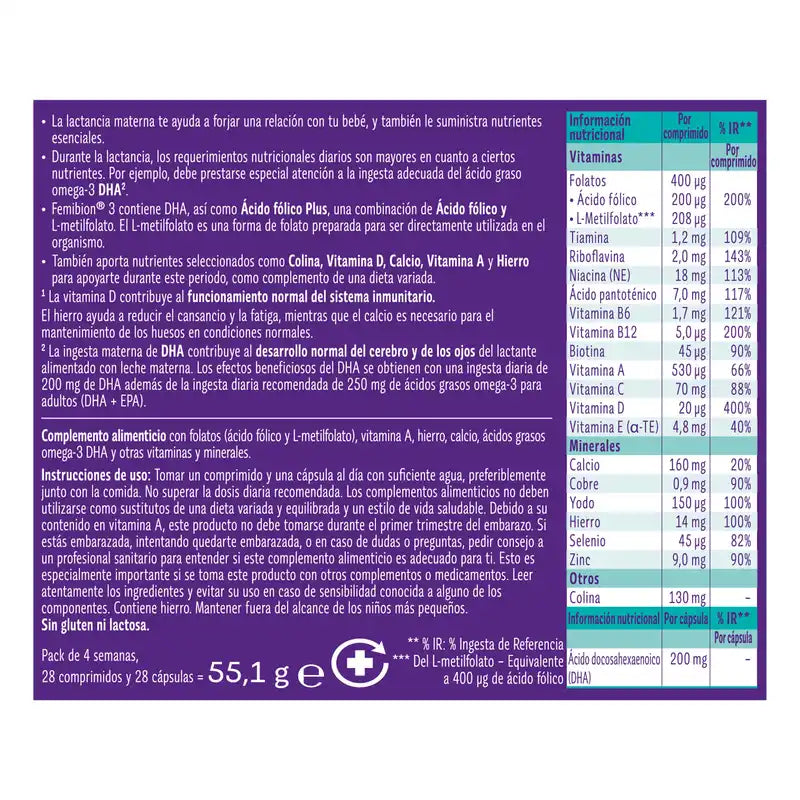 Femibion 3 Lactancia Embarazo con Ácido fólico y Vitaminas, 2 x 28 Comprimidos