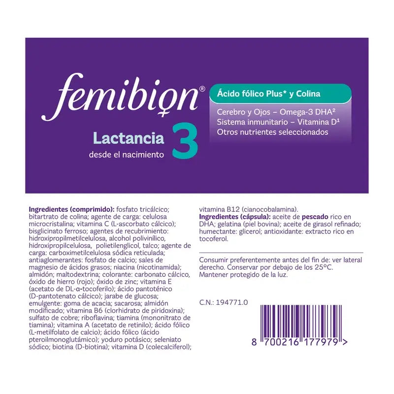 Femibion 3 Lactancia Embarazo con Ácido fólico y Vitaminas, 3 x 28 Comprimidos