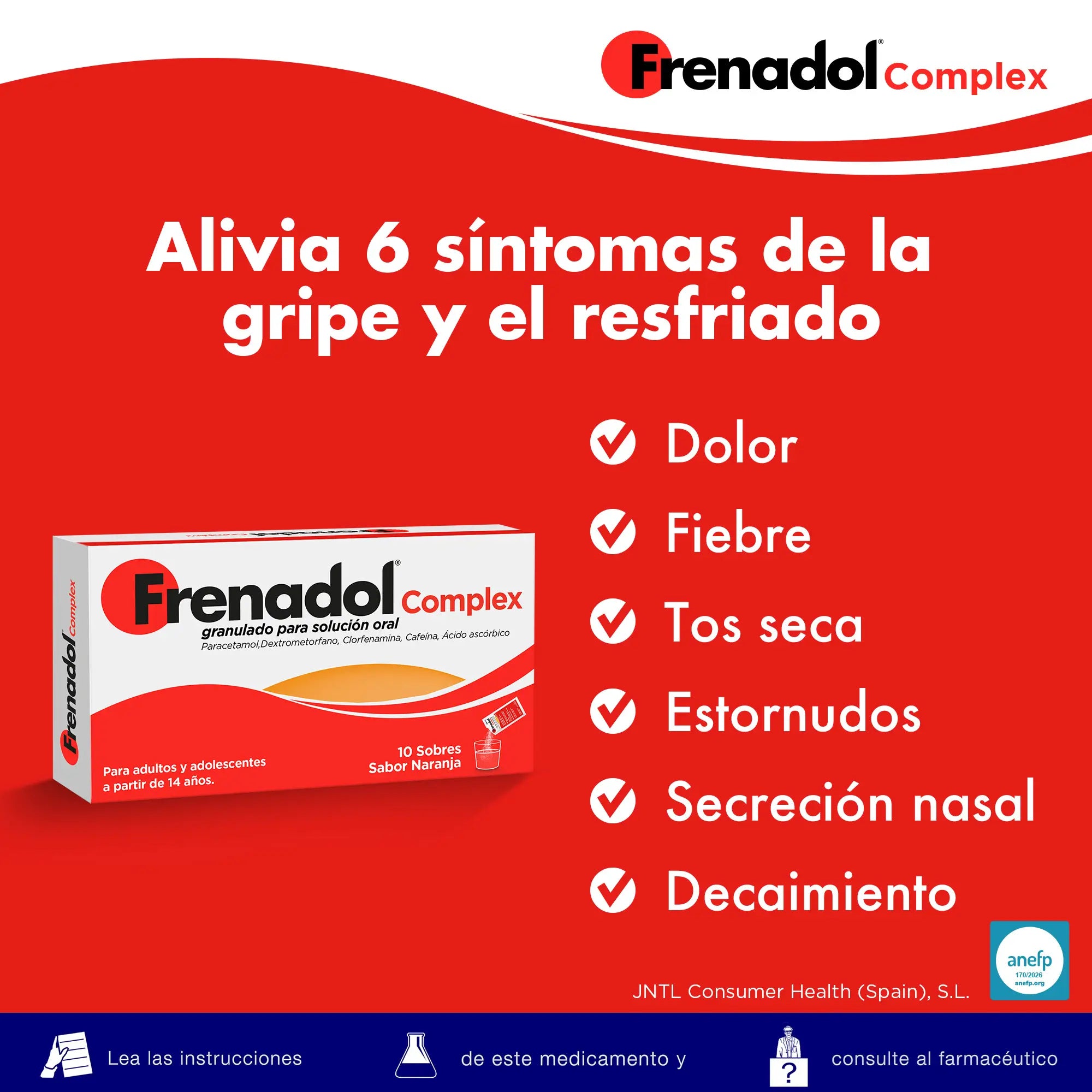 FRENADOL® Complex Antigripal, Vía Oral, 10 Sobres
