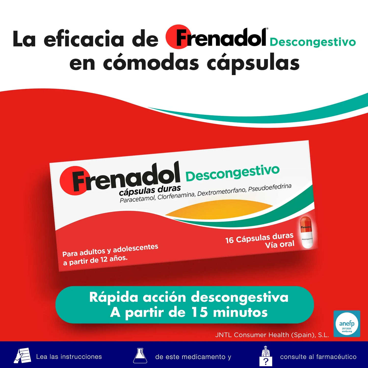 FRENADOL® Descongestivo Antigripal, Vía Oral, 16 cápsulas