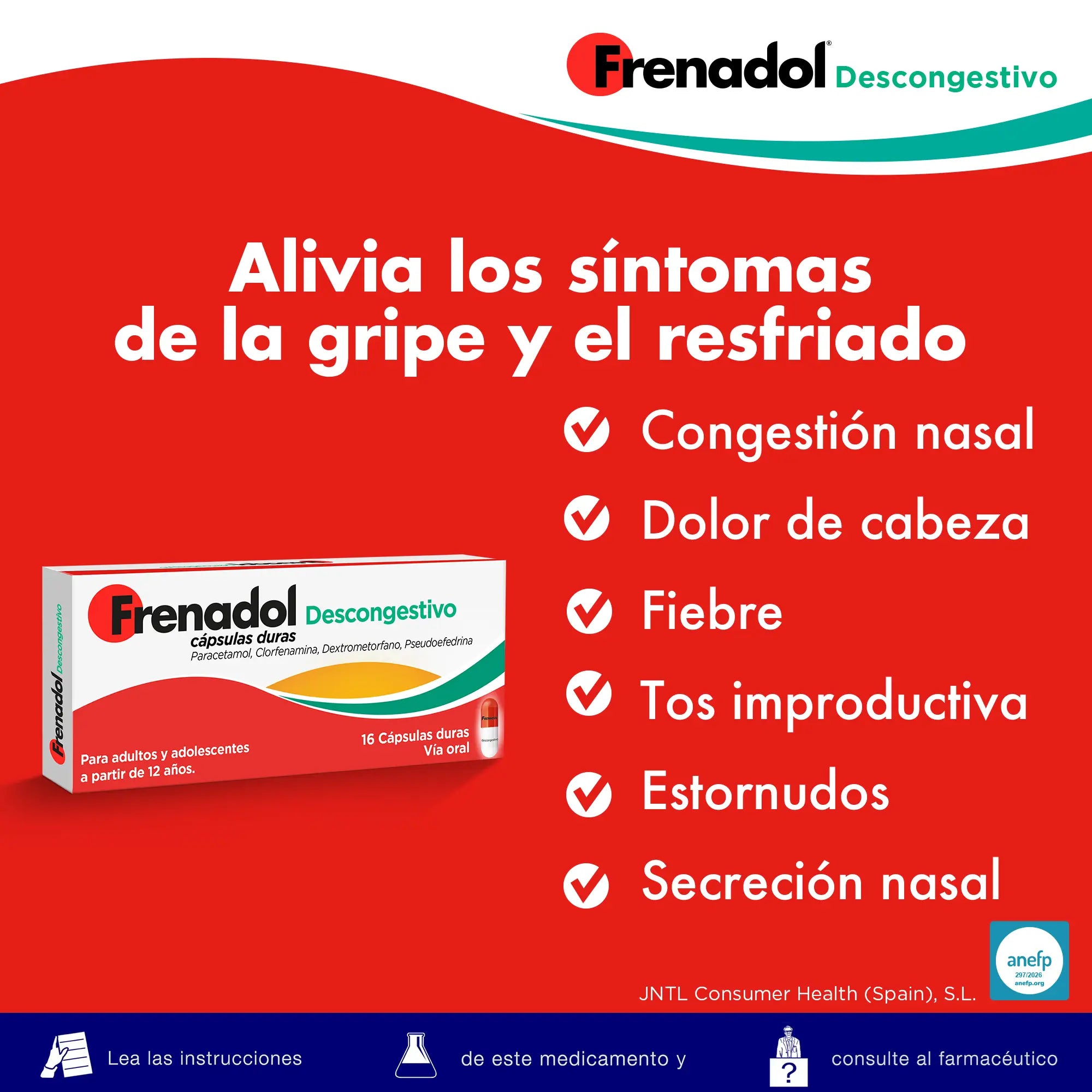 FRENADOL® Descongestivo Antigripal, Vía Oral, 16 cápsulas