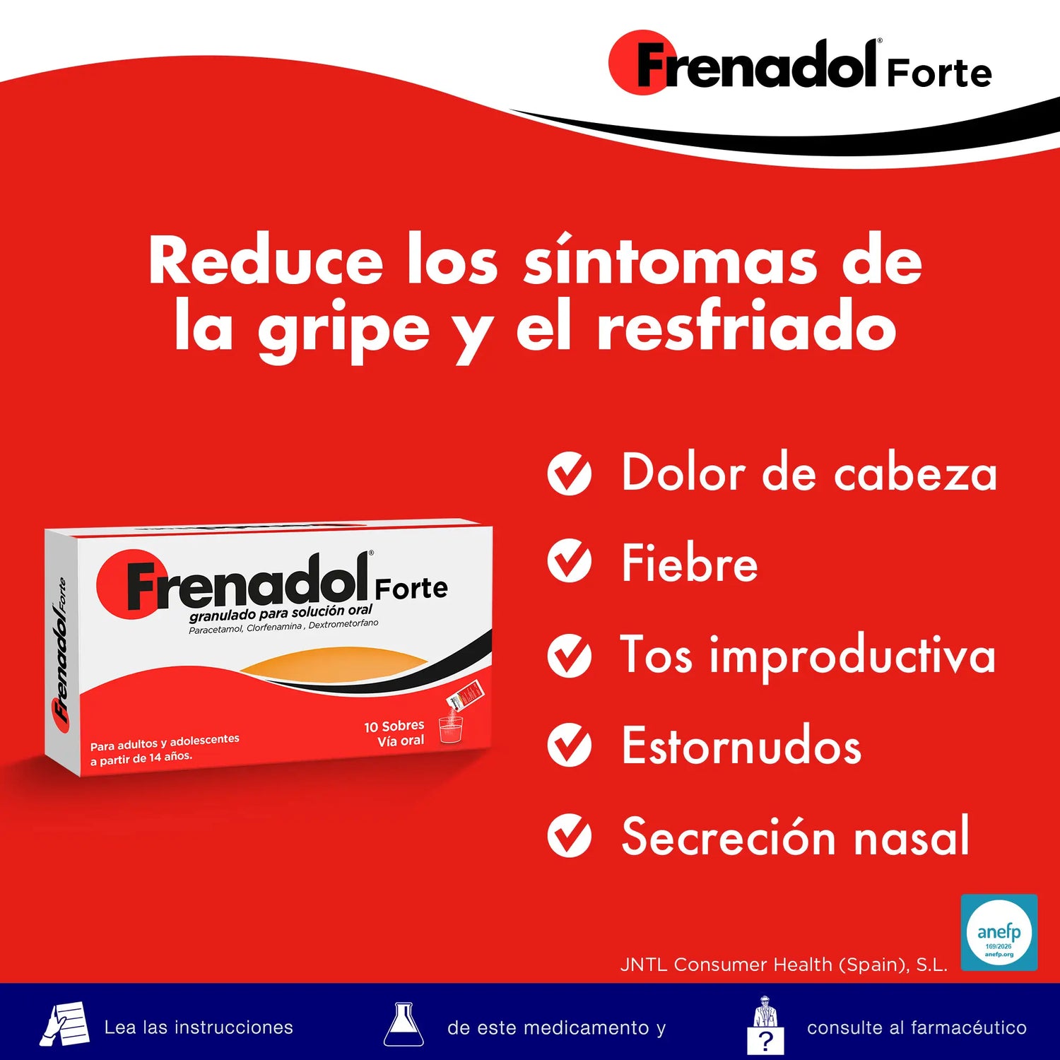 FRENADOL® Forte Antigripal, Vía Oral, 10 sobres
