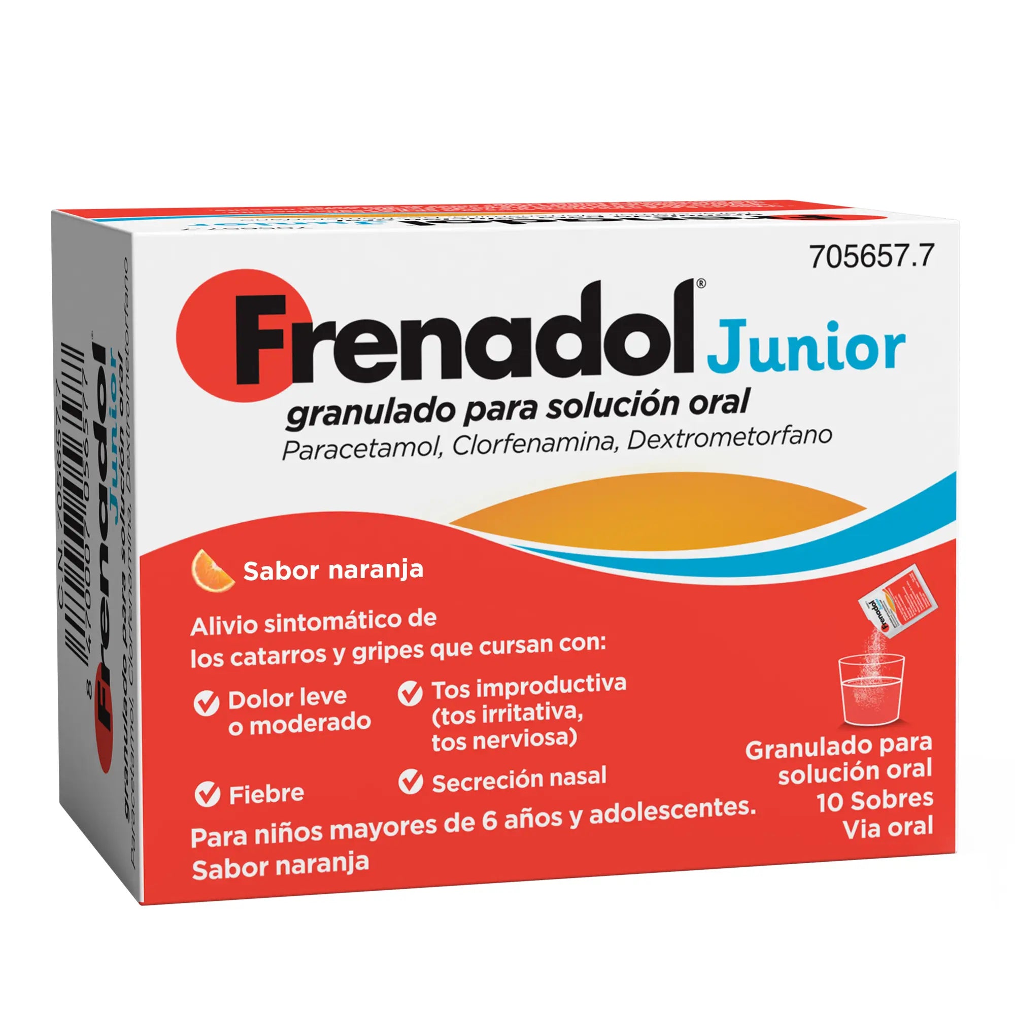 Frenadol Junior Antigripal, Alivio para niños, Sabor Naranja, Vía Oral, 10 sobres