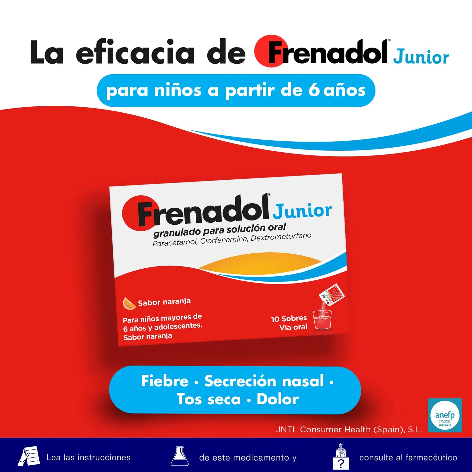 Frenadol Junior Antigripal, Alivio para niños, Sabor Naranja, Vía Oral, 10 sobres