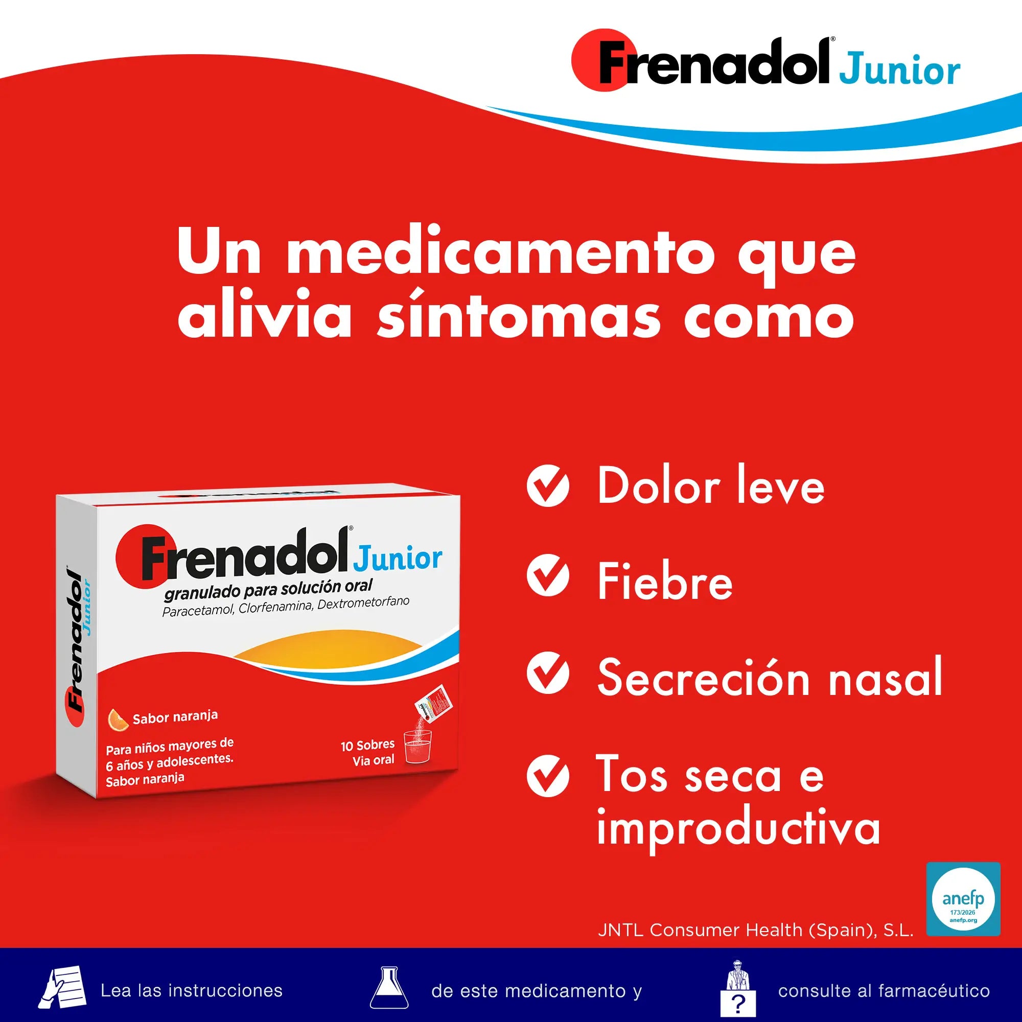 Frenadol Junior Antigripal, Alivio para niños, Sabor Naranja, Vía Oral, 10 sobres