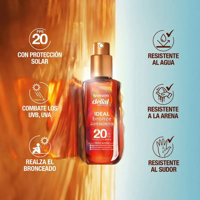 Garnier Delial Aceite Protector Bronceador Spf 20. Bronceado Óptimo, Acabado Satinado, Resistente Al Agua, No Pegajoso 150Ml