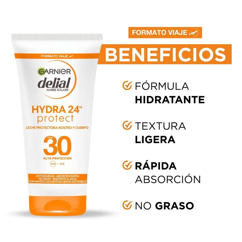Garnier Delial Leche Protectora Spf 30 Hydra 24 Protect, Resistente Al Agua Y Fórmula Hidratante Con Manteca De Karité 