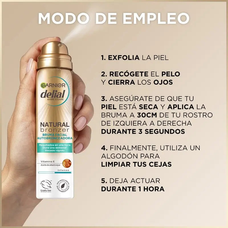 Garnier Delial Natural Bronzer Bruma Facial Autobronceadora Con Aceite De Albaricoque Para Un Bronceado Natural Y Uniforme, 75Ml