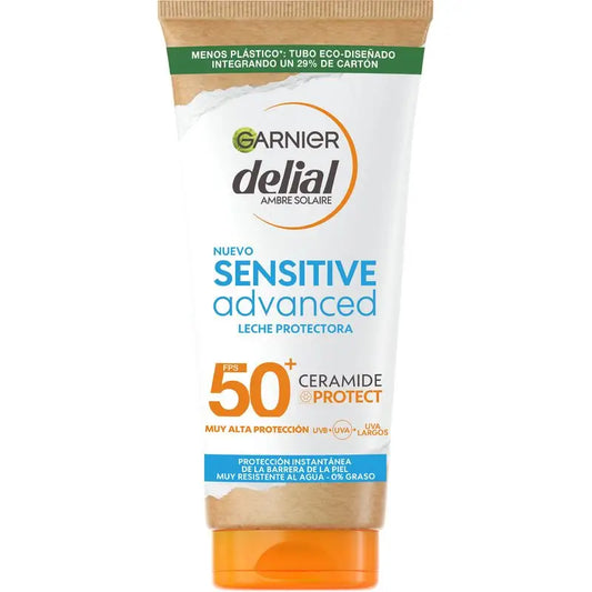 Garnier Delial Sensitive Advanced Leche Protector Solar Para Pieles Claras, Sensibles E Intolerantes Al Sol Ip50+ - 175 Ml.