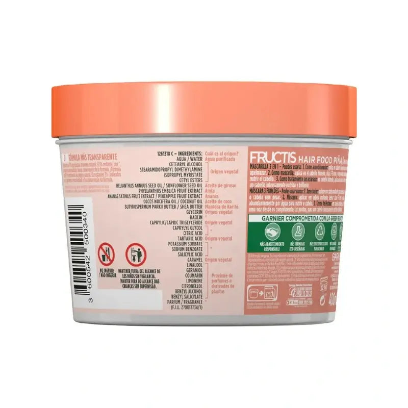GarnierFructis Hair Food Piña Mascarilla 3 En 1 Anti-Rotura 400 Ml Para Cabello Largo, Frágil