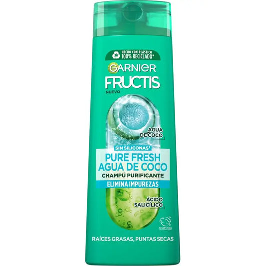 Garnier Fructis Pure Fresh Agua De Coco Champú Pelo Normal, Con Raíces Grasas Y Puntas Secas 380 Ml