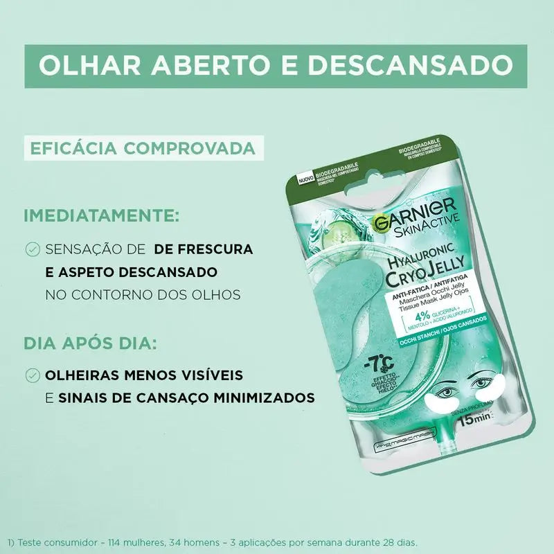 Garnier Tissue Mask Hyaluronic Cryo Jelly Antifatiga Para Contorno De Ojos. 4% De Glicerina + Mentol + Ácido Hialurónico.
