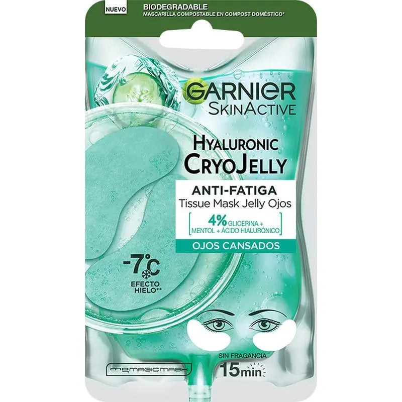 Garnier Tissue Mask Hyaluronic Cryo Jelly Antifatiga Para Contorno De Ojos. 4% De Glicerina + Mentol + Ácido Hialurónico.