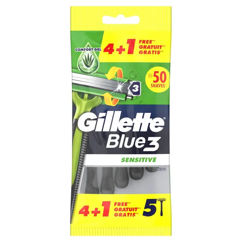 Gillette Blue3 Sensitive Maquinilla De Afeitar Desechable Para Hombre , 5 unidades