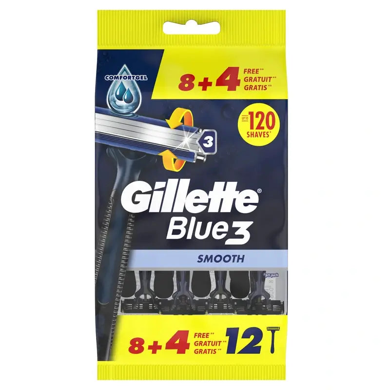 Gillette Blue3 Smooth 8+4 Maquinillas Desechables Hombre Cabezal Pivotante 40° Y Banda Lubricante , 12 unidades