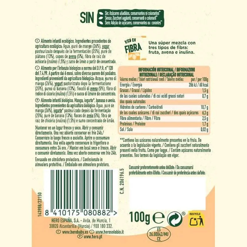 Hero Solo Nutri Flora Pouch - Yogurt Bio Con Mango, Avena E Banana, Per Bambini Da 6 Mesi - Foto 2