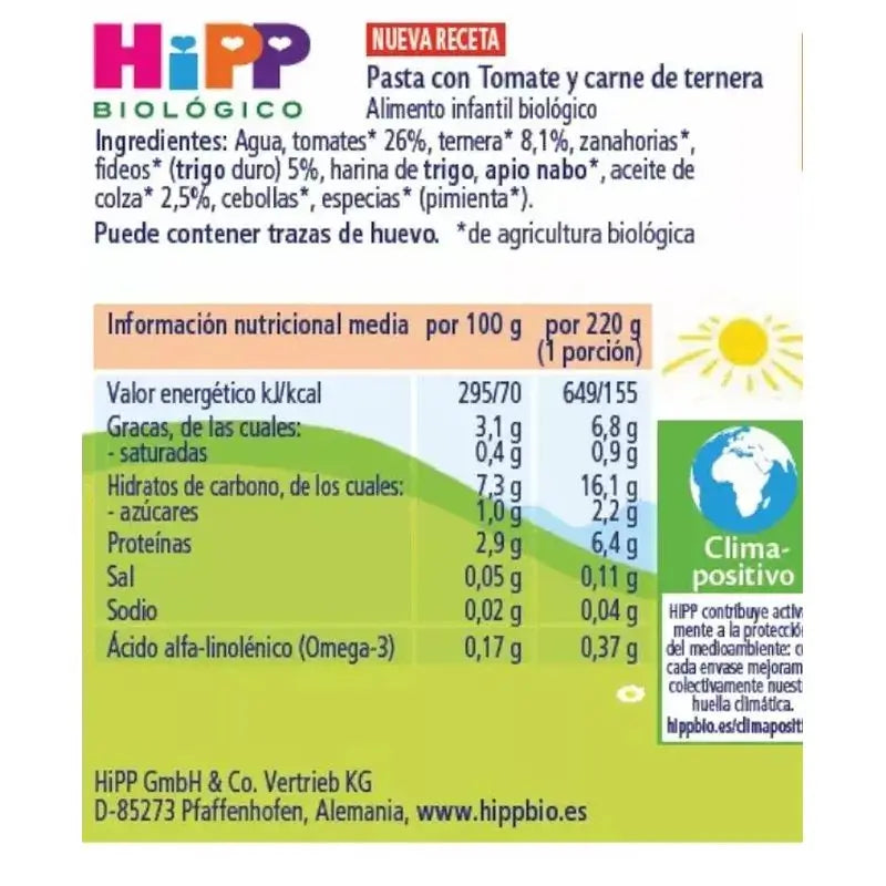 Hipp Bio Tarrito De Pasta Con Tomate Y Ternera, 200 G