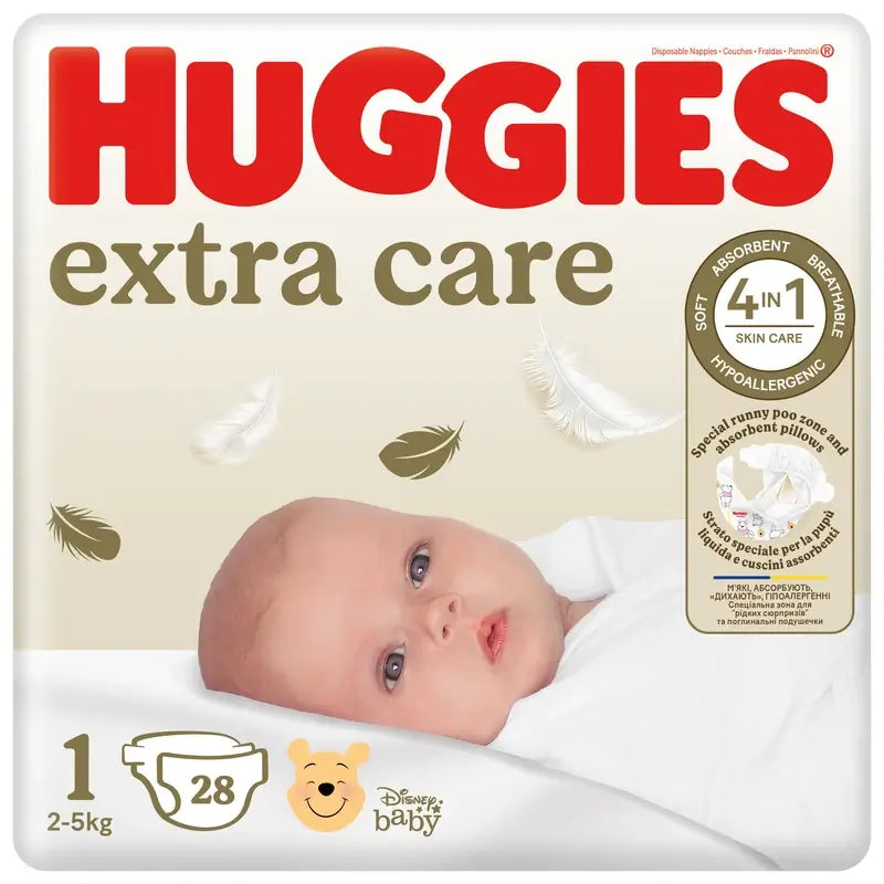 Huggies Extra Care Talla 1 (3-5 Kg) Pañal Para Bebé Disney, 28 unidades