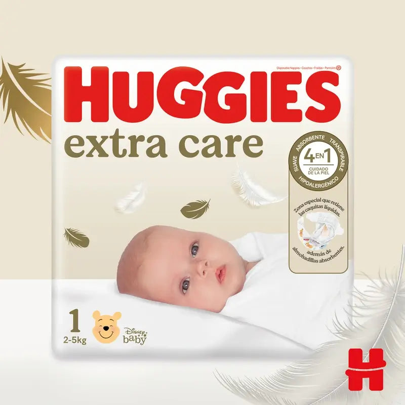 Huggies Extra Care Talla 1 (3-5 Kg) Pañal Para Bebé Disney, 28 unidades