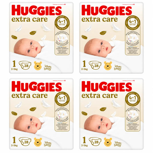 Huggies Extra Care Talla 1 (2-5 Kg) Pañal Para Bebé Disney, 28 unidades, pack 4