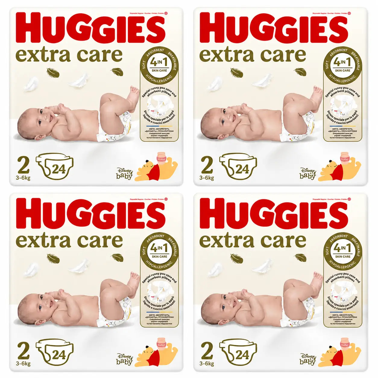 Huggies Extra Care Talla 2 (3-6 Kg) Pañal Para Bebé Disney, 24 unidades, pack 4